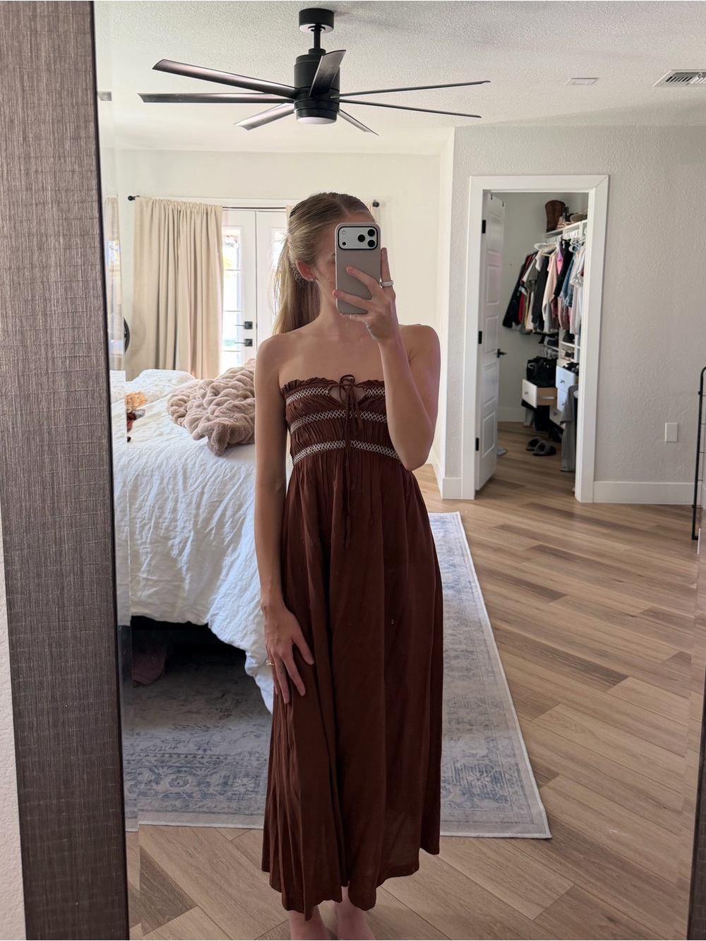 Patrons of Peace Strapless Brown Midi Dress with Smocked Detail